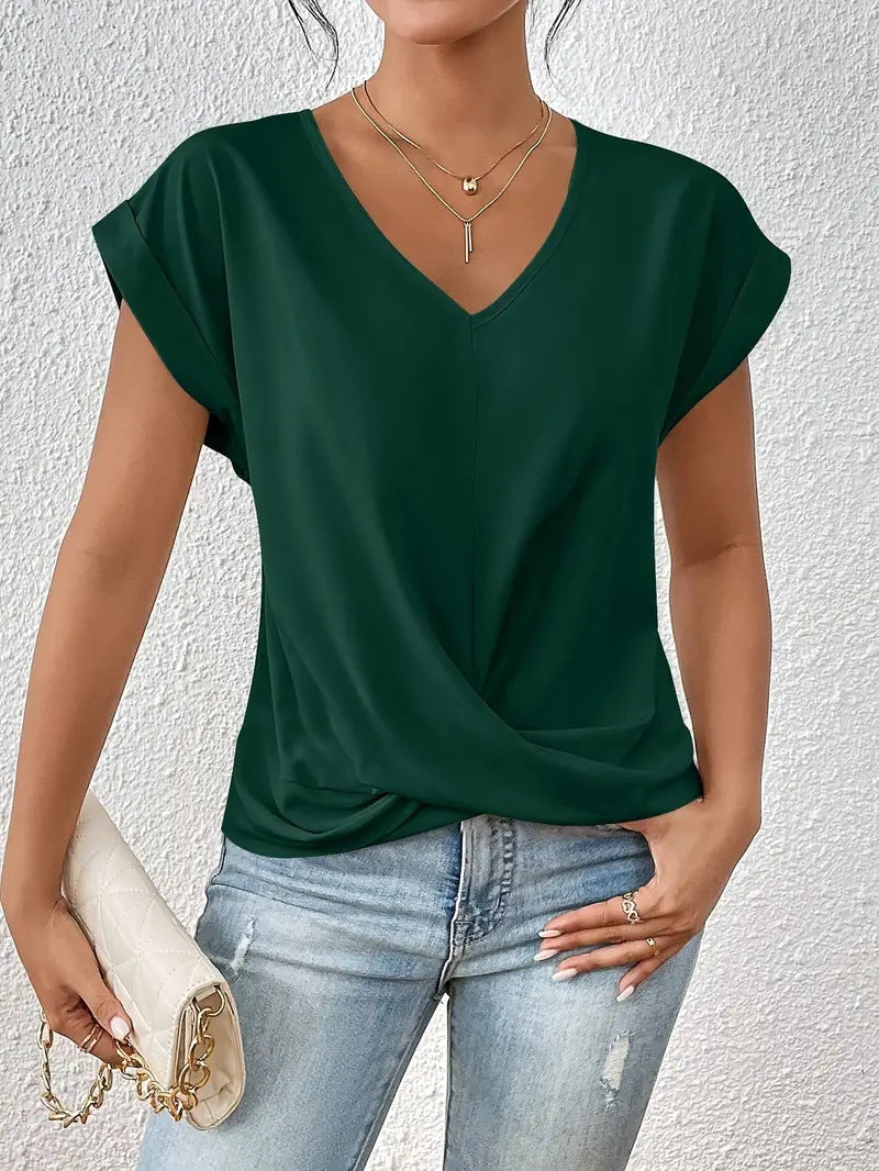 Summer Women Casual Solid Color V-Neck Short Sleeve Blank T-Shirt