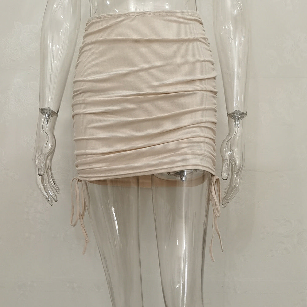 Women Fashion Solid Color Drawstring Pleated Skirt