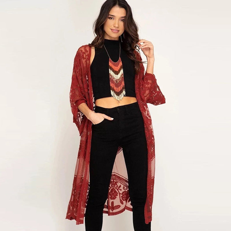 Vestido playero informal de malla con encaje y mangas largas para mujer