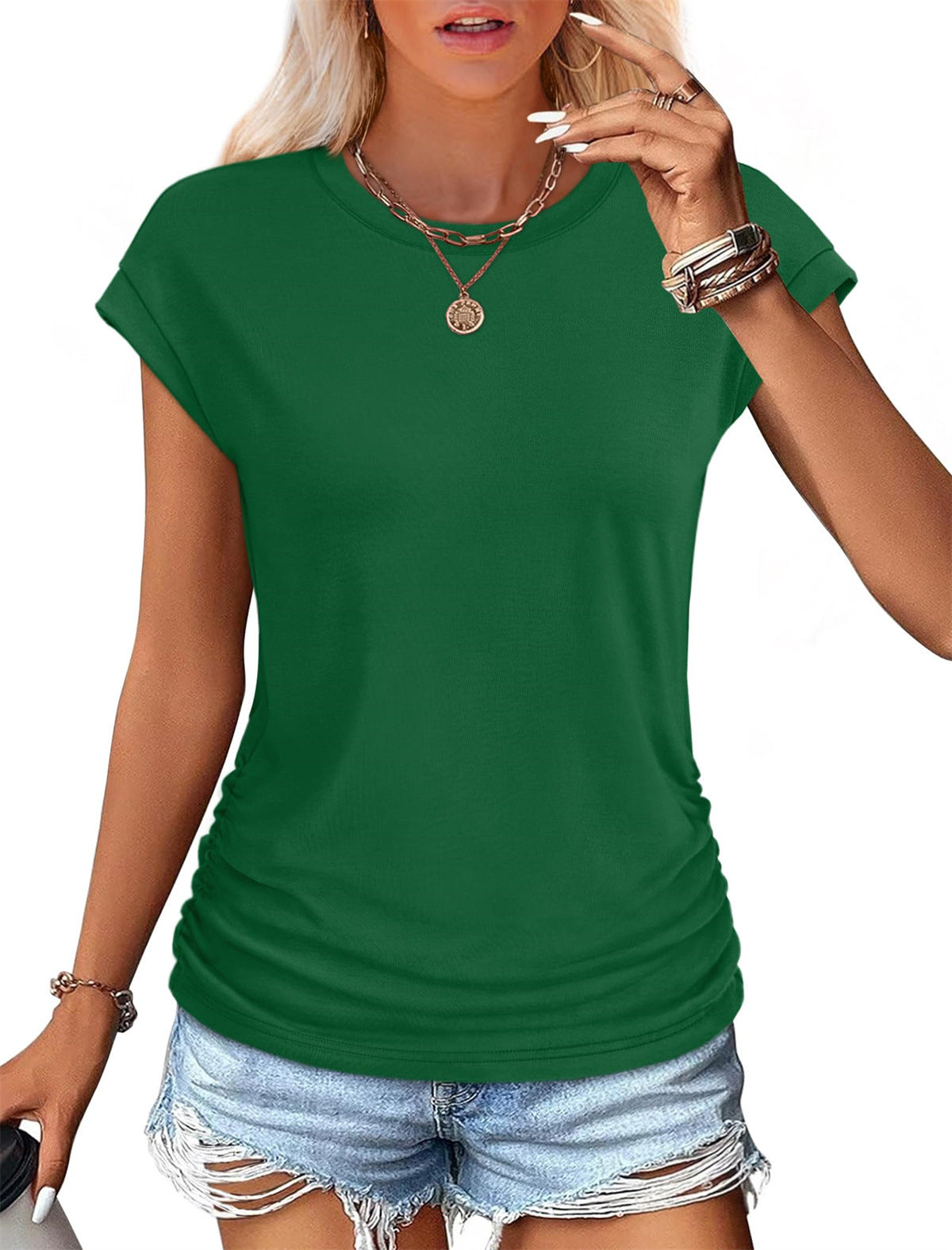 Camiseta informal de manga corta de algodón y seda de color liso para mujer