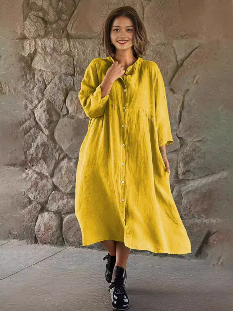 Robe chemise boutonnée décontractée en coton et lin pour femme, couleur unie