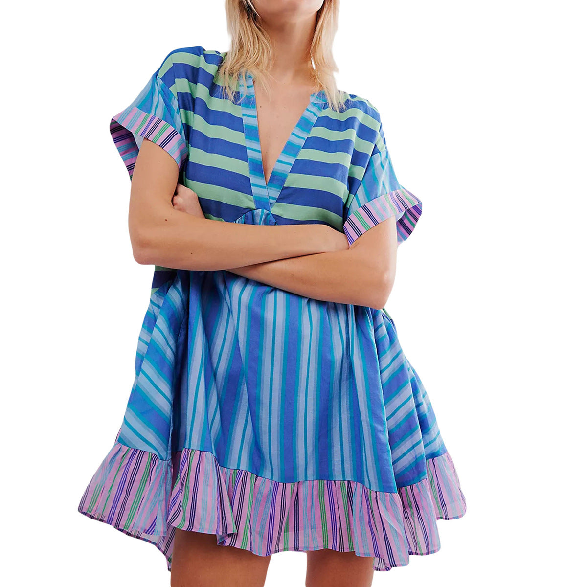 Women Fashion Casual Boho Multicolor Printed Stripe V-Neck Dress
