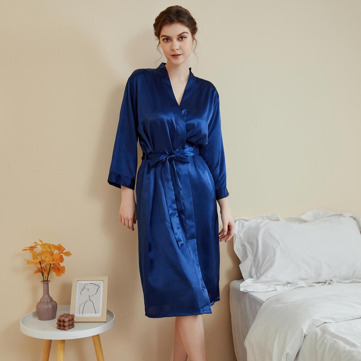 Women Fashion Satin Long Sleeve Lace-Up Pajamas Casual Loose Style