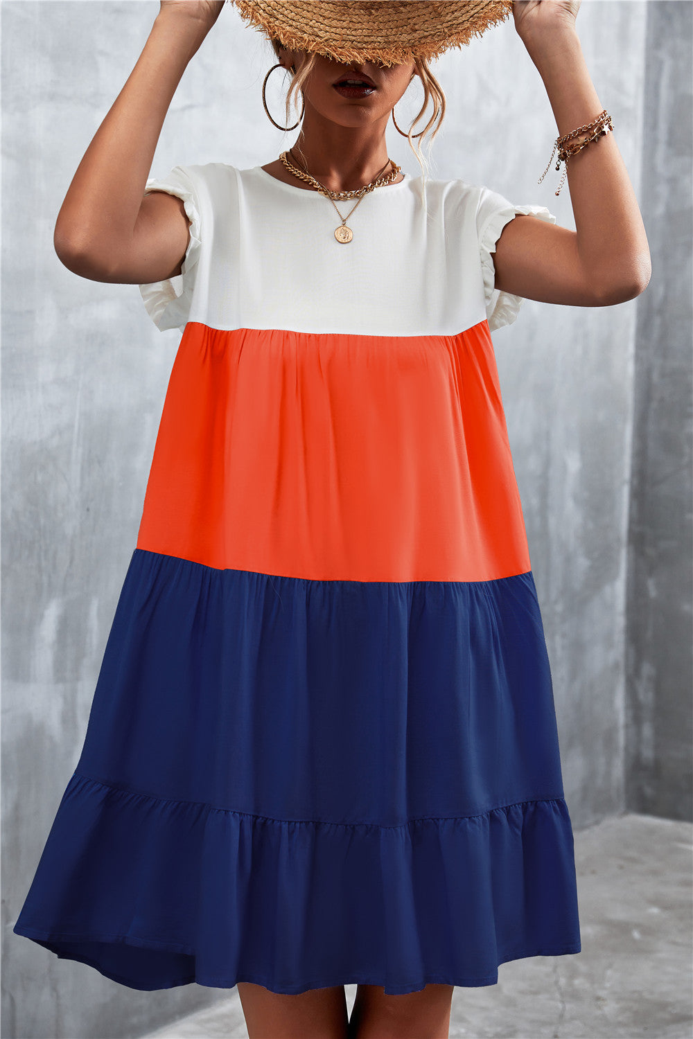 Women Bohemian Summer Short Sleeves Color Blocking Ruffled Dress