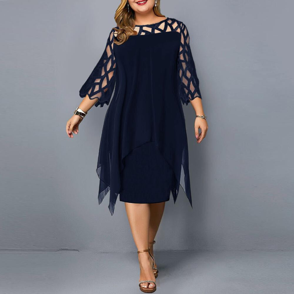 Vestido informal de gasa de manga larga con detalles de encaje para mujer, talla grande