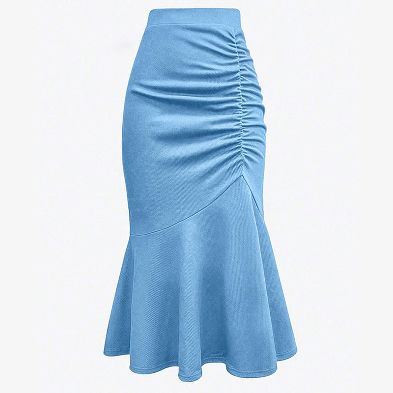 Women Casual Solid Color Pleated Fishtail Midi Skirt