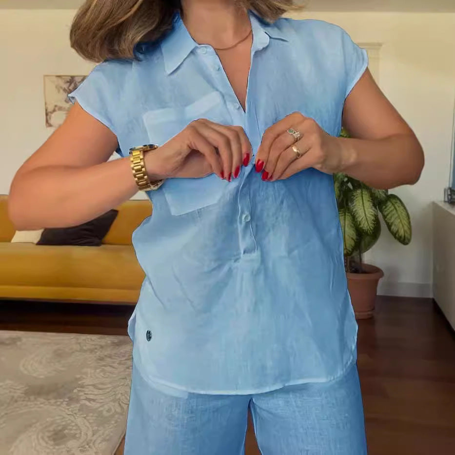 Conjunto informal de dos piezas de lino y algodón para mujer con blusa con bolsillo y pantalones anchos.
