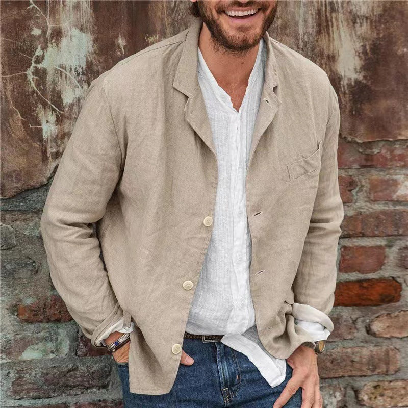 Men Fashion Casual Solid Color Linen Long Sleeve Blazer
