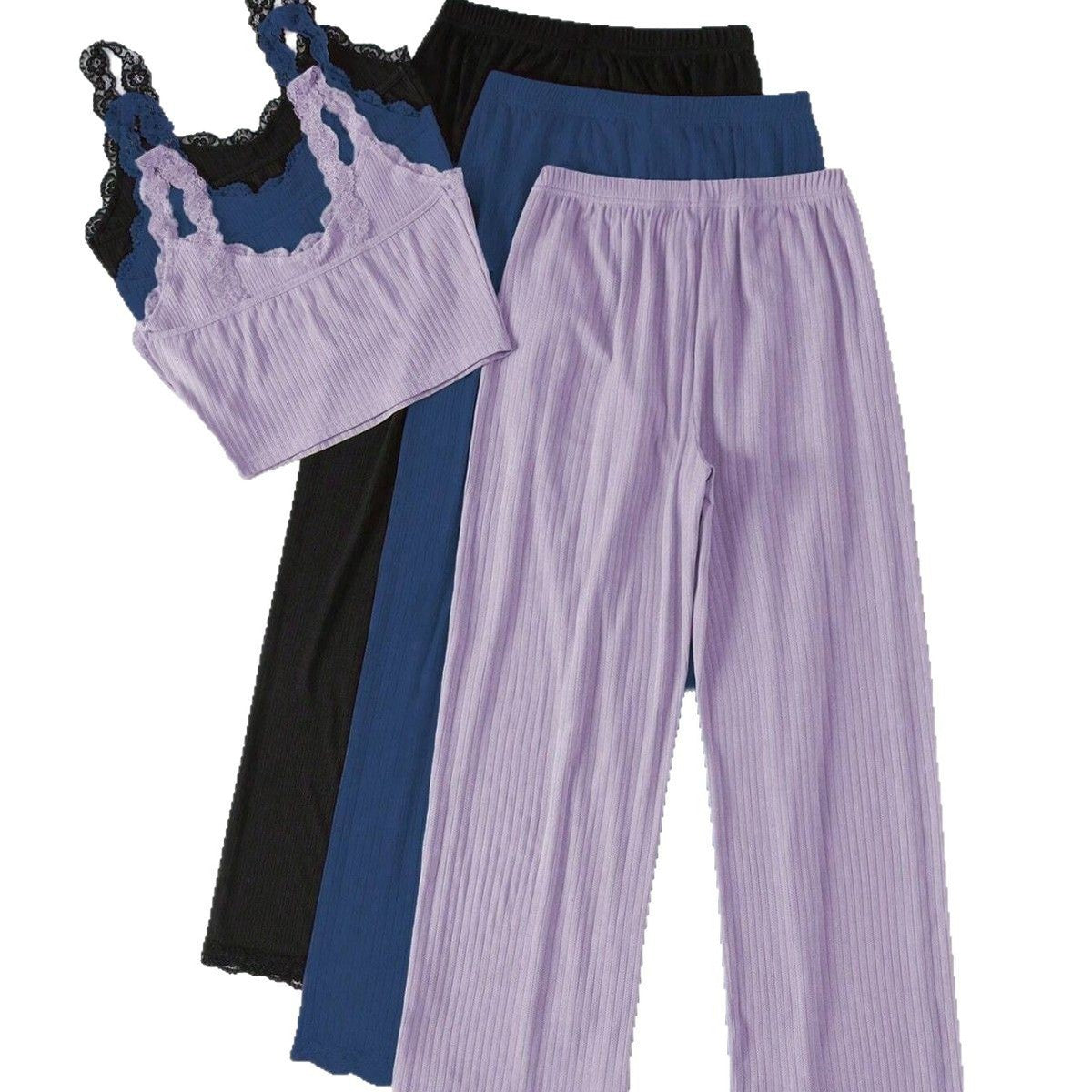 Ensemble pyjama haut court et pantalon ample en dentelle de couleur unie pour femme