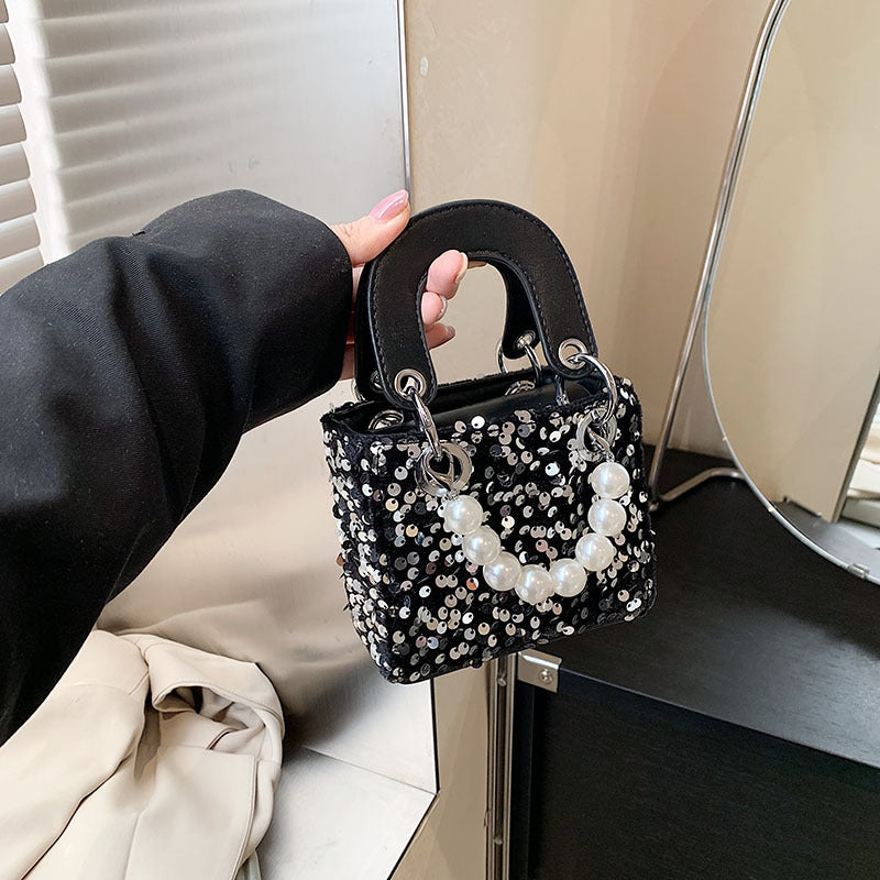 Mini bolso bandolera de verano con lentejuelas brillantes y correa de perlas
