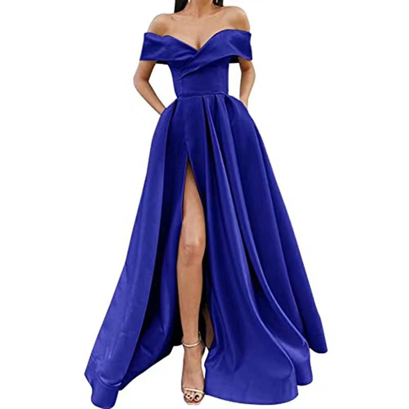 Women Sexy Elegant Satin Deep V-Neck Off Shoulder Party Dress