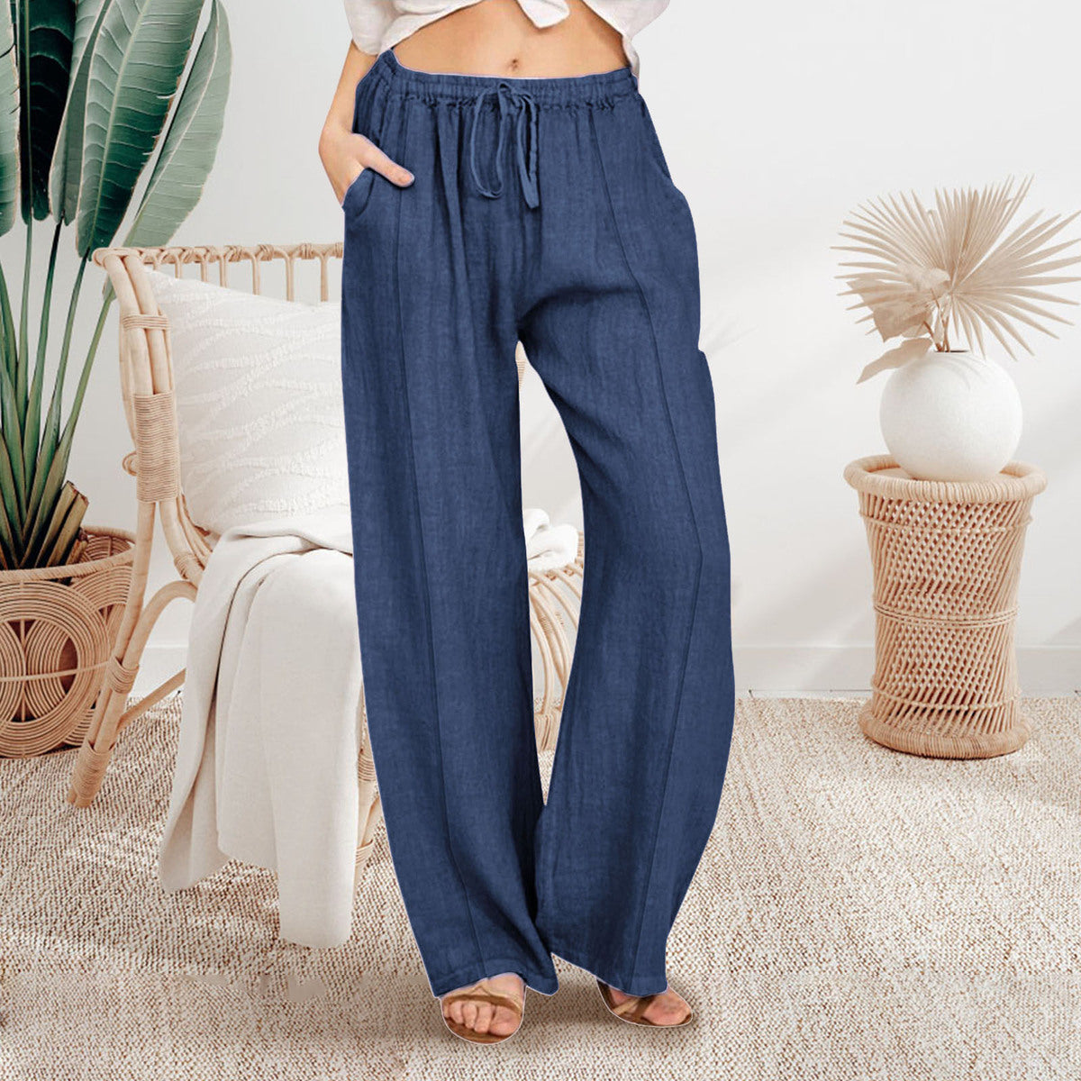 Pantalones casuales de algodón de color sólido a la moda para mujer