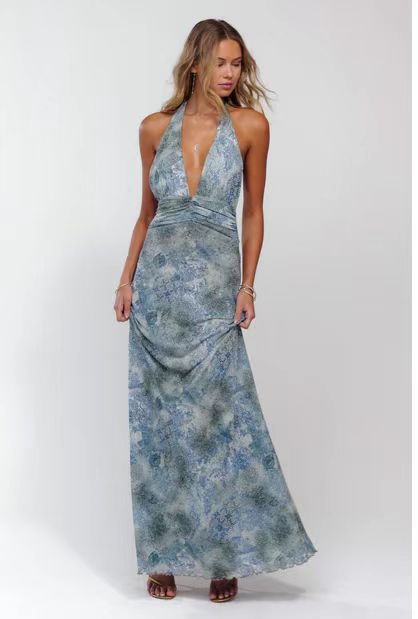 Women Fashion Sexy Printed Halter-Neck Backless Dress