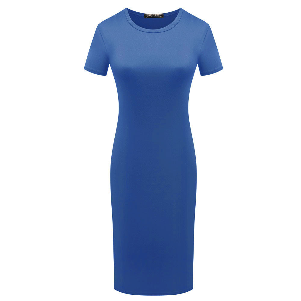 Women Short Sleeve Bodycon Dress with Solid Color Fabric