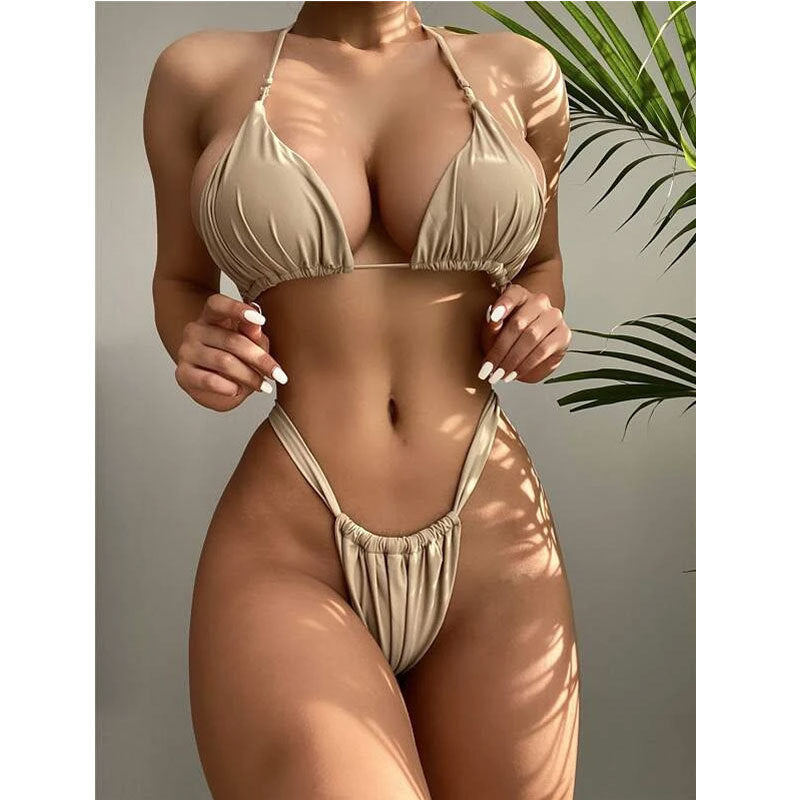 Bikini sexy de cuello halter de color sólido a la moda de verano para mujer