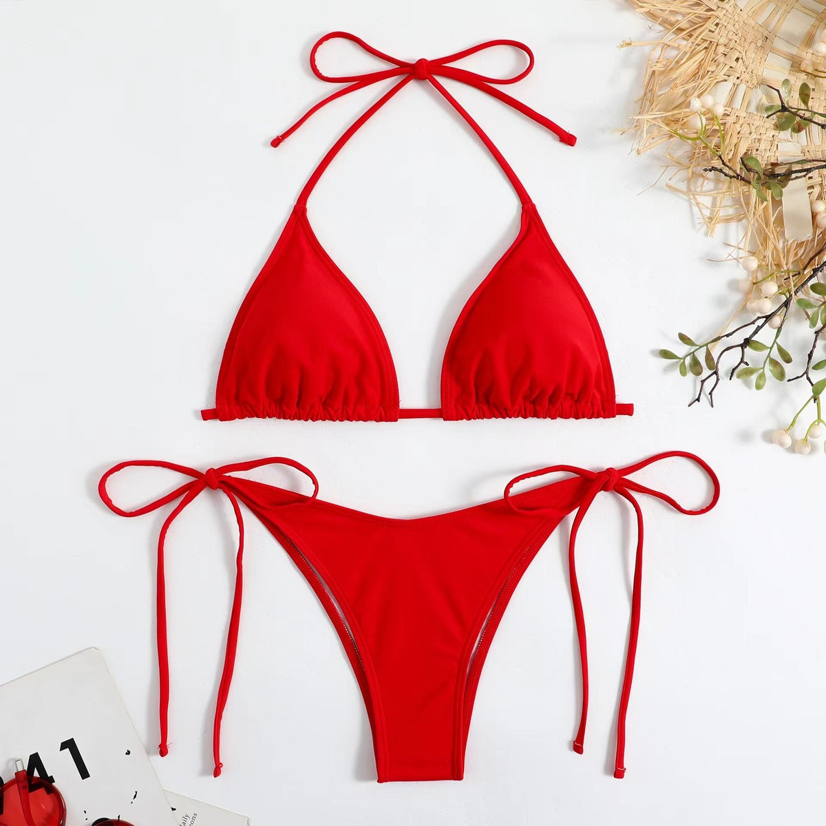 Bikini sexy de cuello halter de color sólido a la moda para mujer