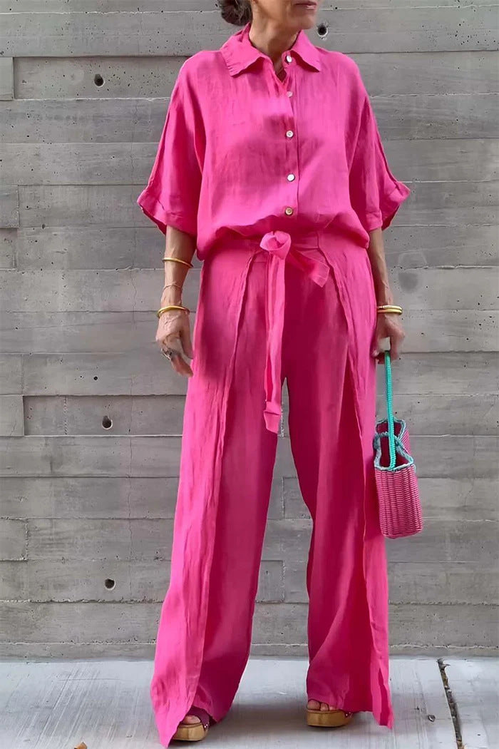 Women Fashion Casual Cotton Linen Laple Top Pants Set
