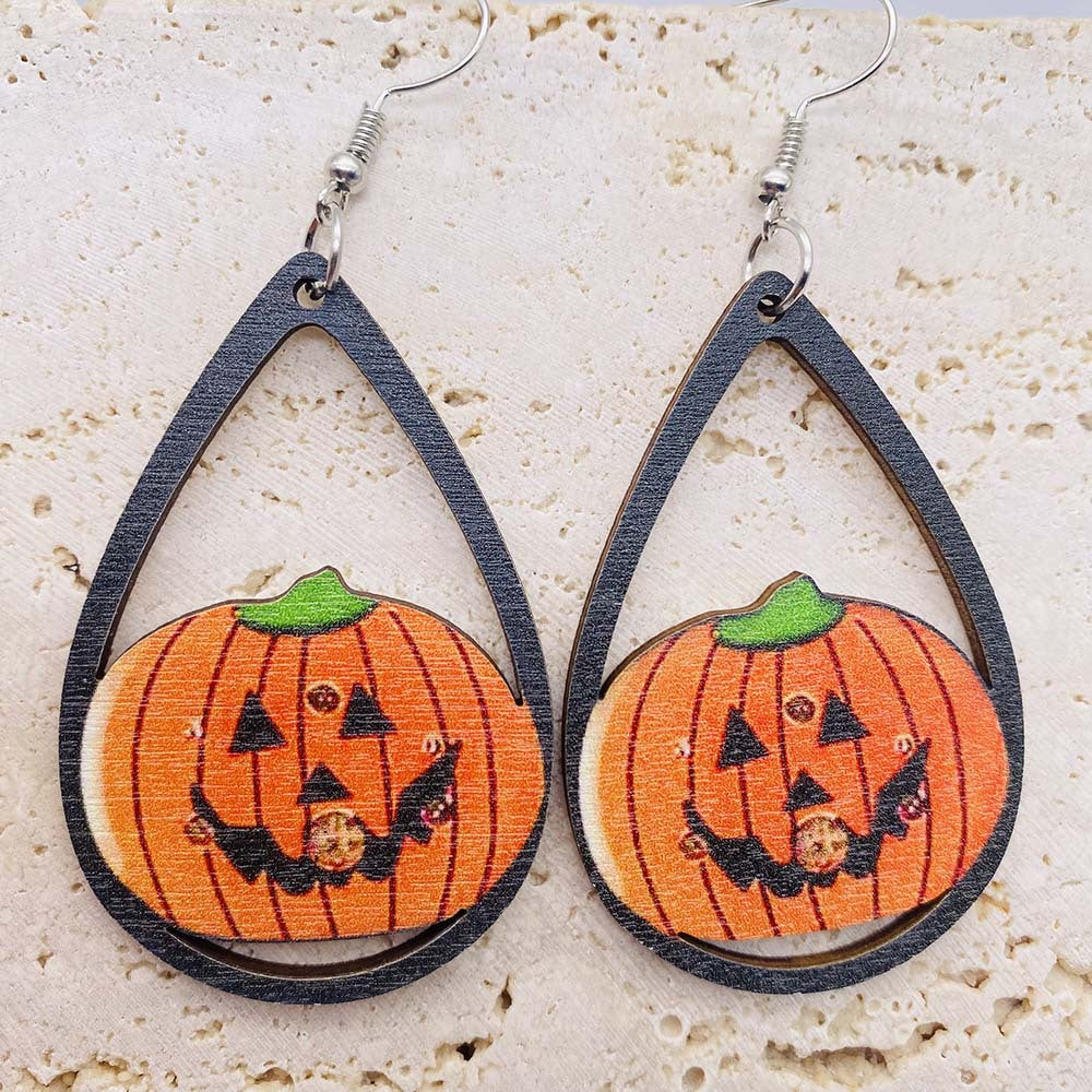 Halloween Women Funny Pumpkin Wizard Wooden Earrings