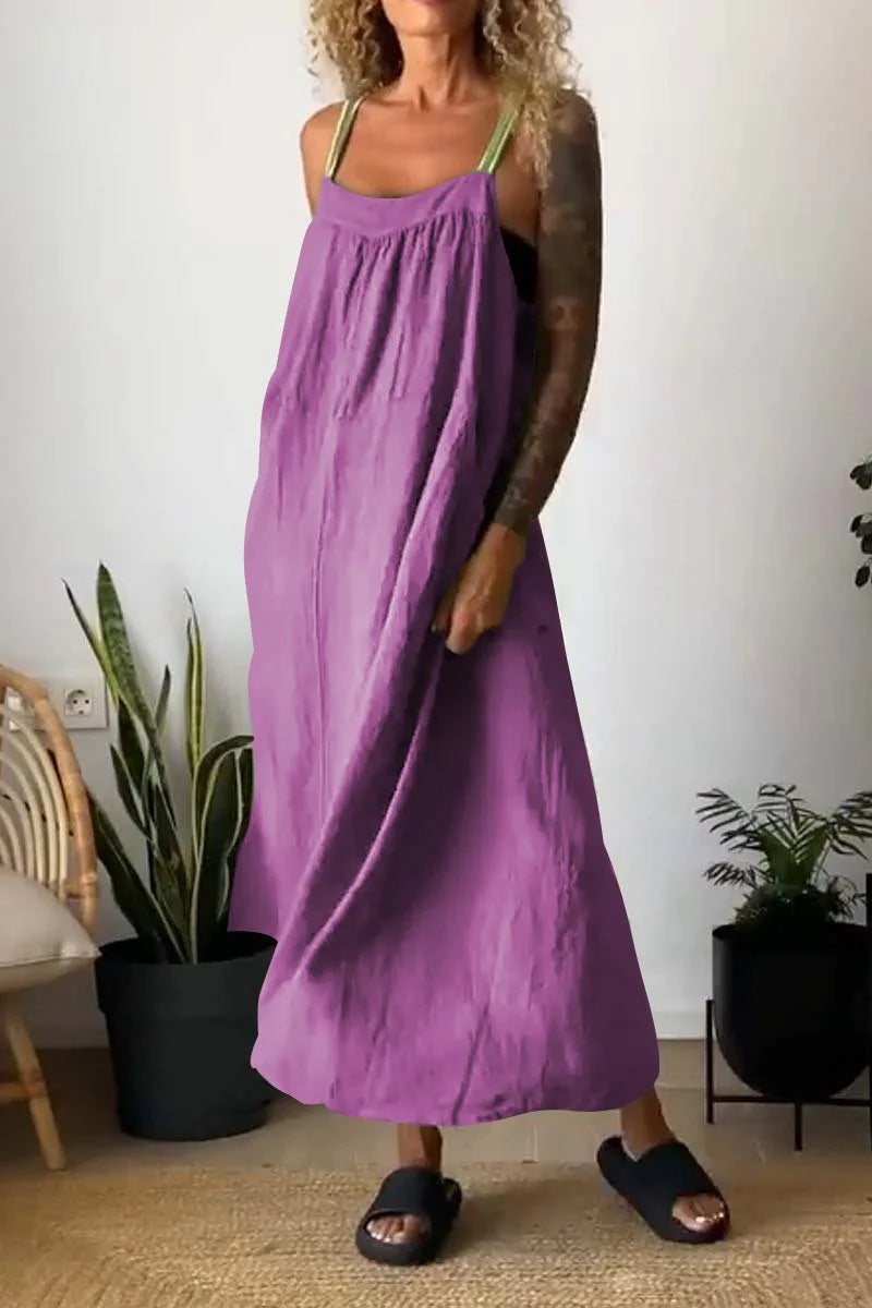 Vestido informal de lino y algodón con tirantes de color liso para mujer