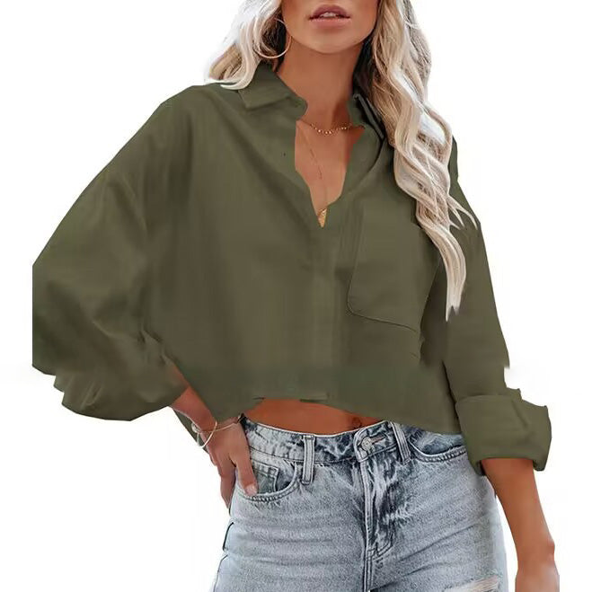 Women Casual Solid Color Cotton Long Sleeve Crop Top Blouse