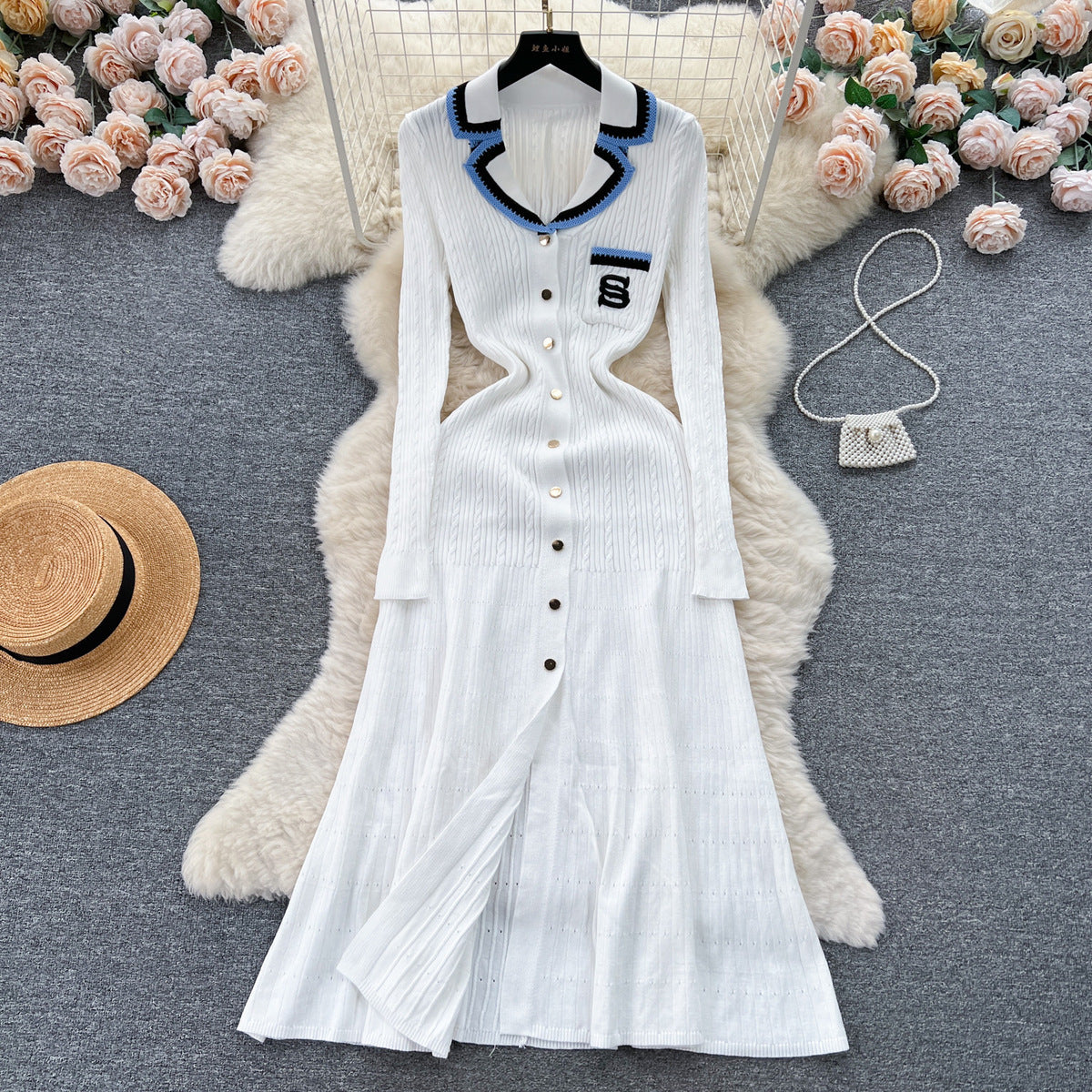 Women Fashion Elegant Contrast Color Knitted Dress