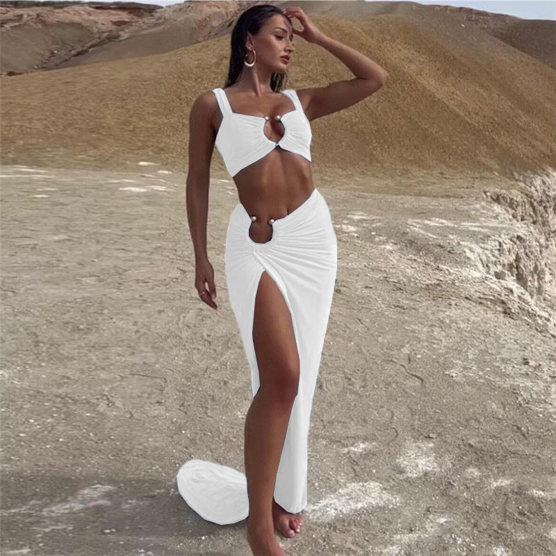 Women Sexy Crop Top Side-Slit Skirt Set