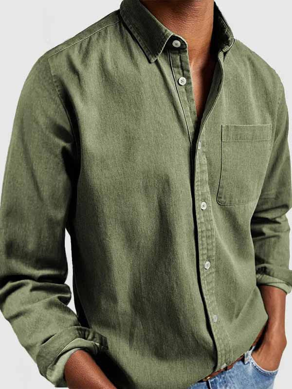 Men'S Casual Solid Color Cotton Shirt with Lapel