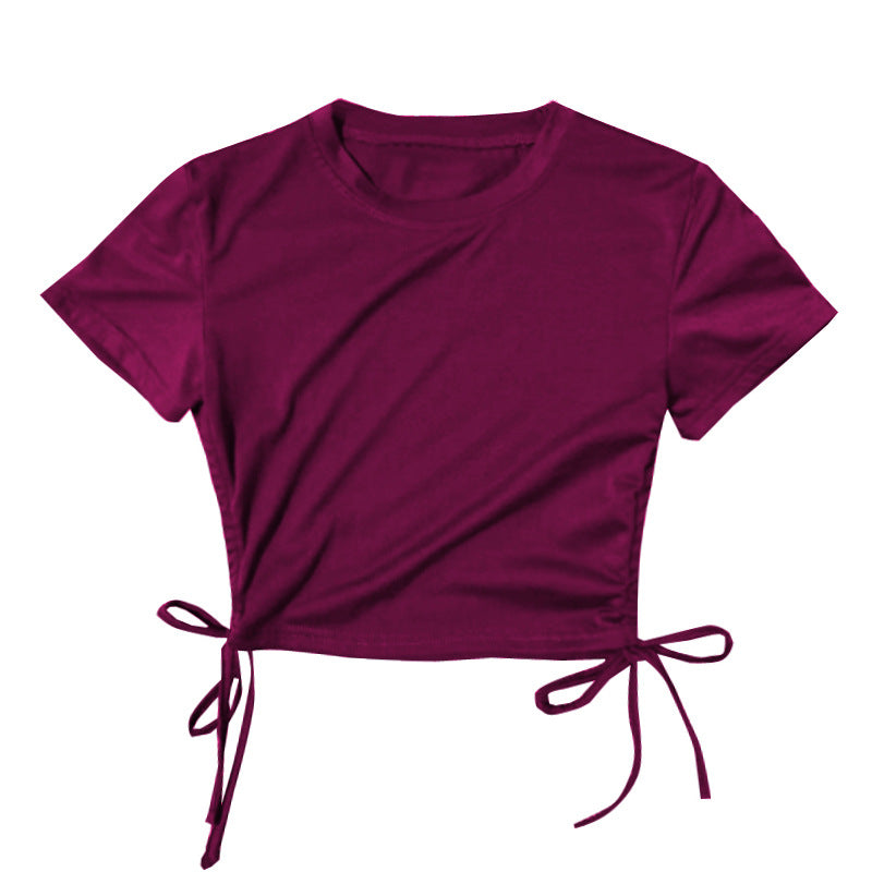 Top corto de manga corta con cordón ajustable, sexy, de color liso, a la moda para mujer