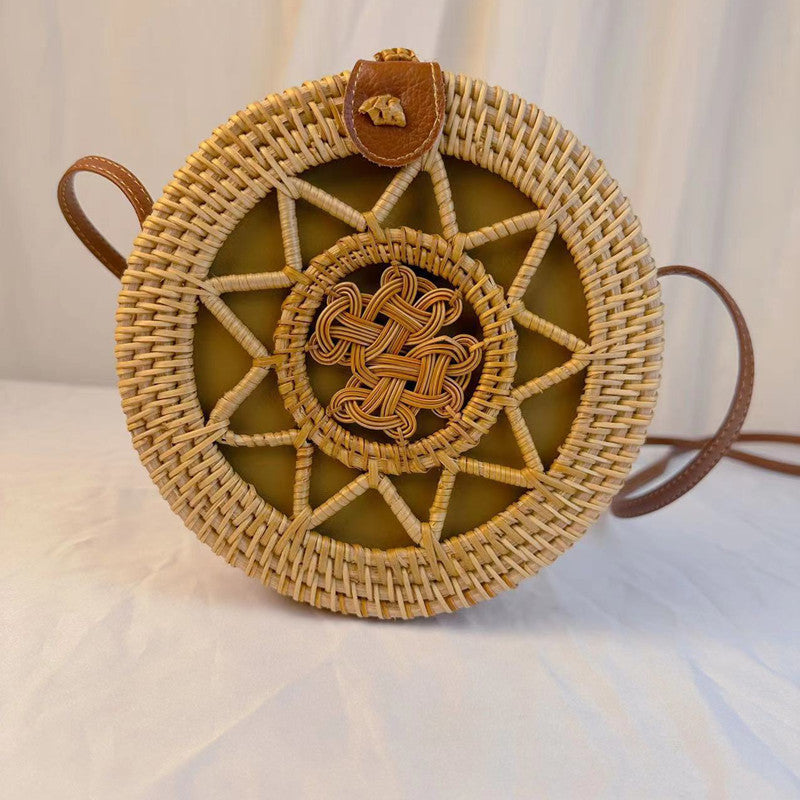 Sac rond en paille tissée vintage de style bohème