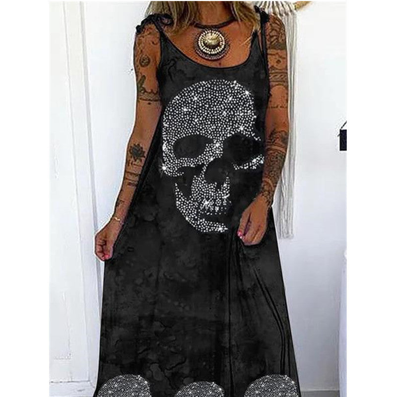 Vestido largo holgado con estampado de calavera de Halloween para mujer, estilo bohemio informal