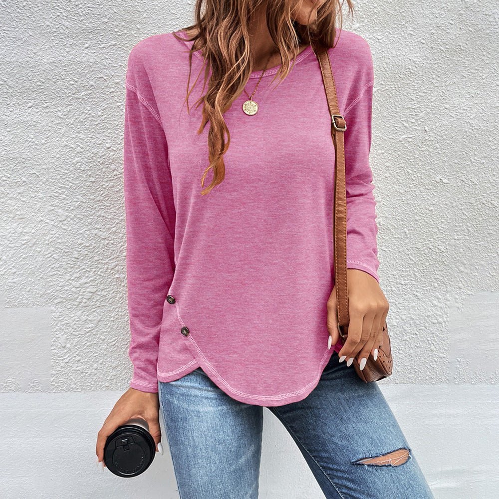 Women Simple Solid Color Button Irregular Round Neck Long Sleeve Blank T-Shirt
