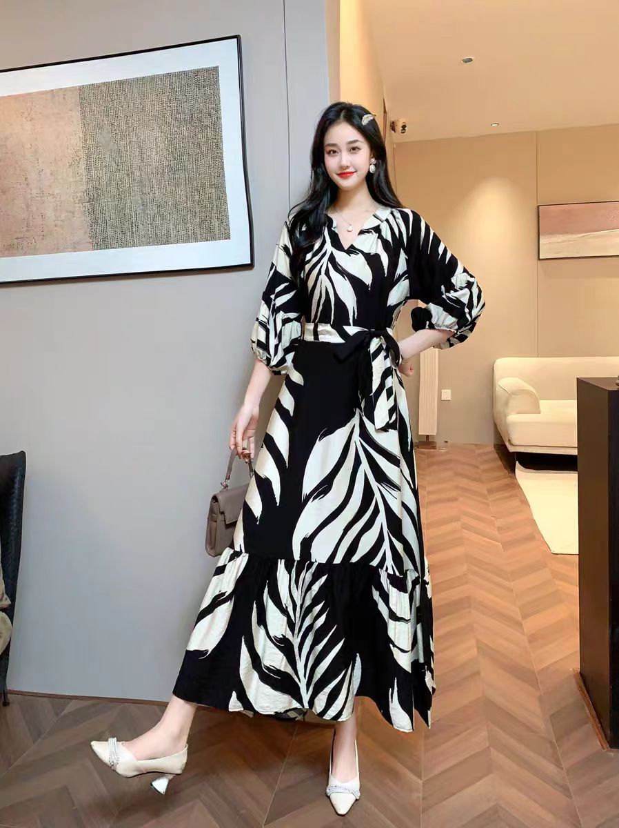 Vestido informal de gasa con cuello en V y estampado para mujer