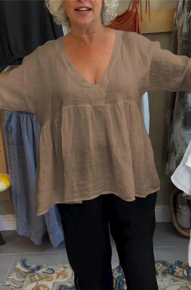 Women Casual Solid Cotton Linen V-Neck Blouse