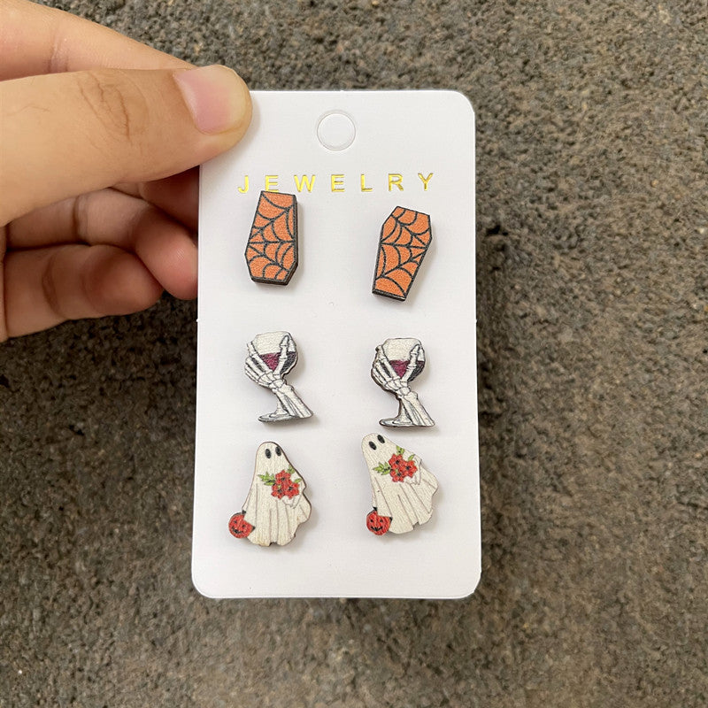 Halloween Women Wooden Earrings Set with Pumpkins Bats Ghosts
