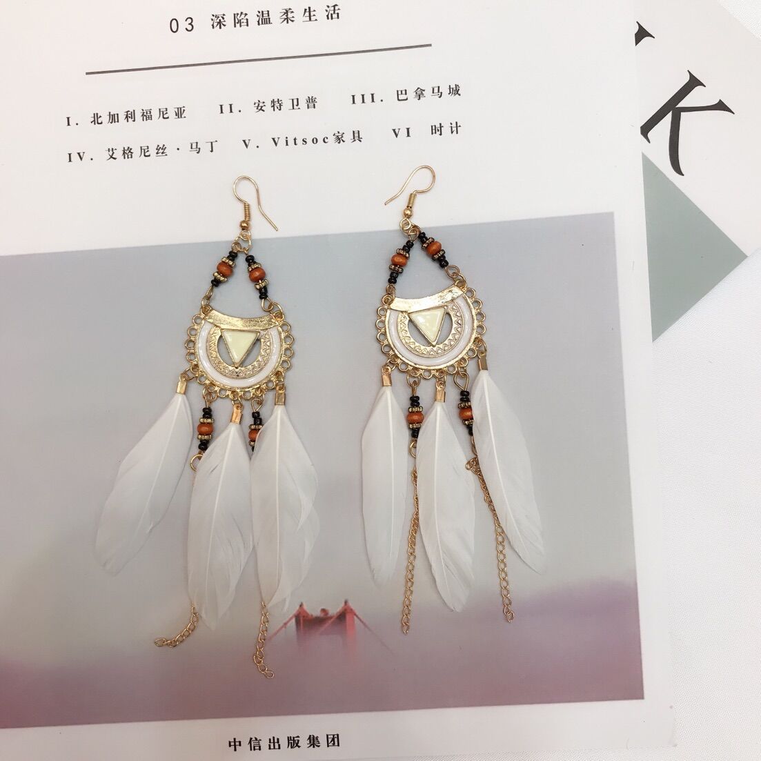 Women Bohemian Hollow Beads Feather Alloy Earrings