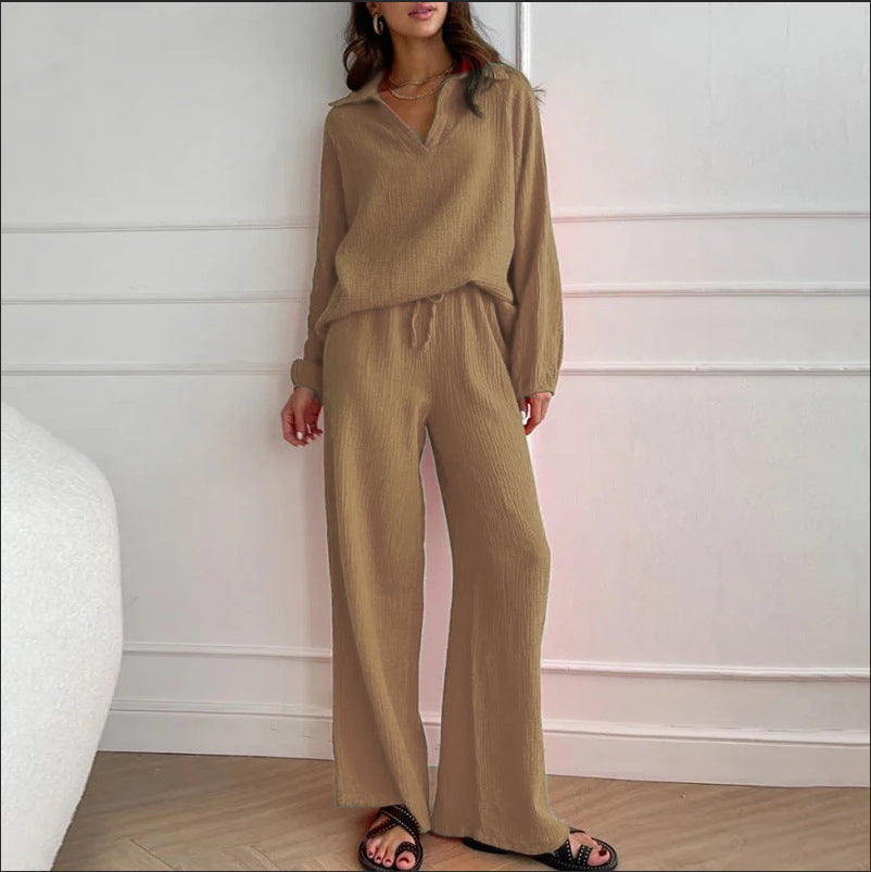 Ensemble deux pièces à col en V et couleur unie pour femme