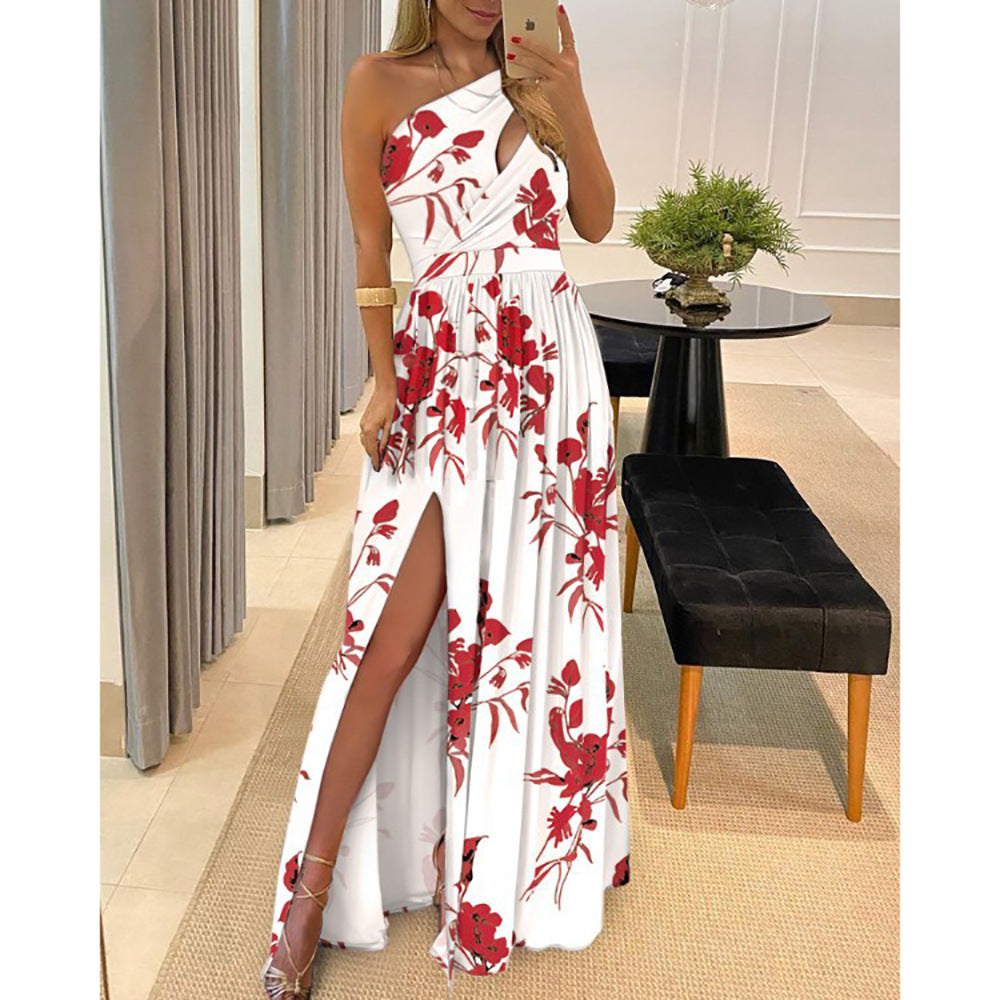 Women Fashion Sexy Slant Shoulder Hollow-Out Sleeveless High Waist Dress
