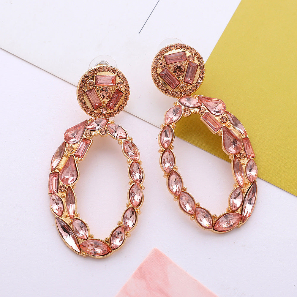 Boucles d'oreilles géométriques ovales en alliage et strass pour femmes, bijoux élégants