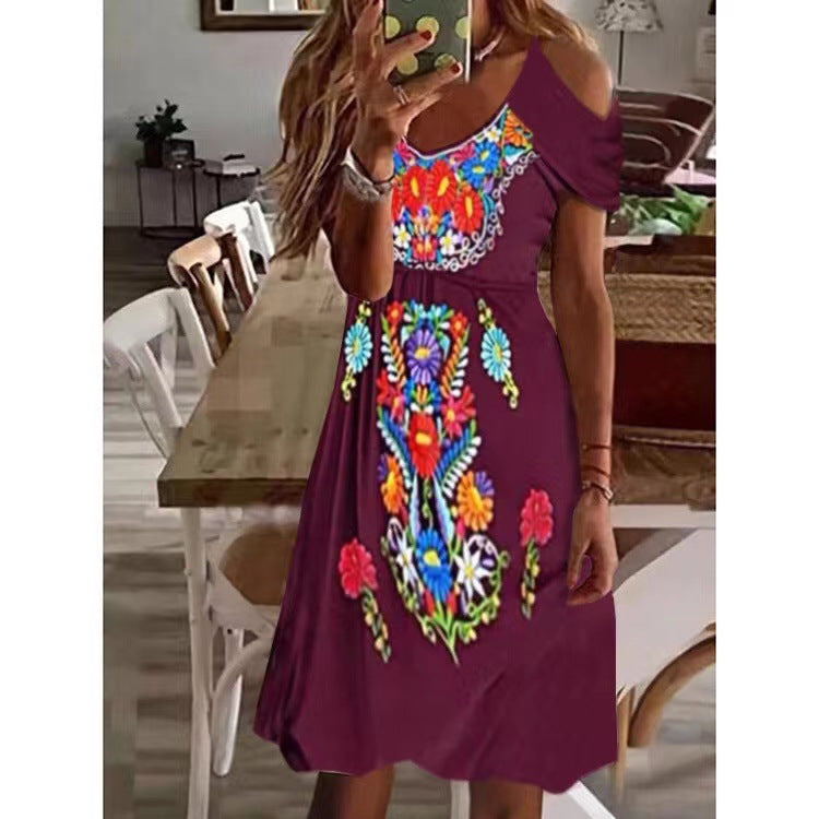Vestido midi informal plisado con hombros descubiertos estilo bohemio para mujer