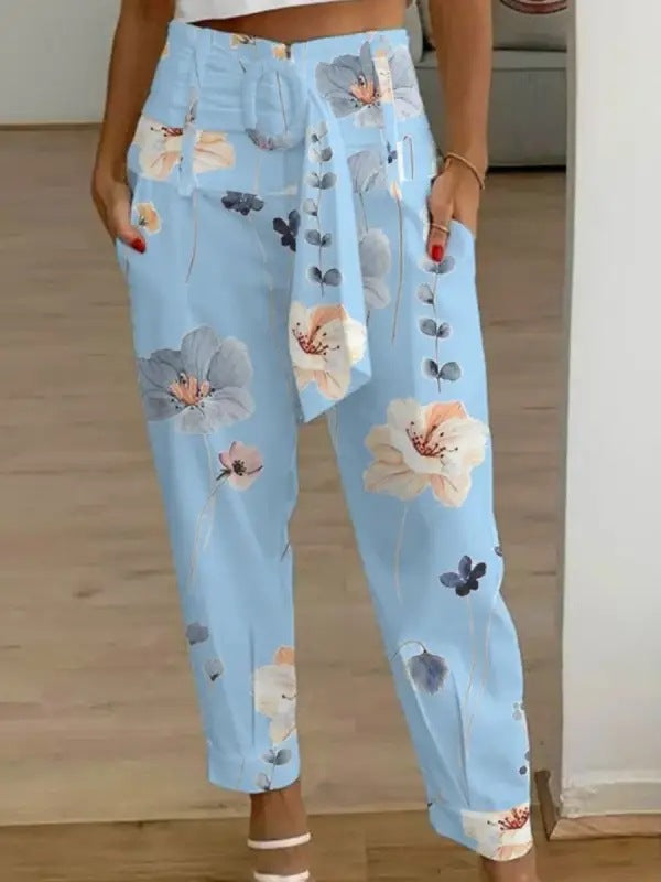 Pantalones casuales de lino con estampado floral de color liso de verano para mujer