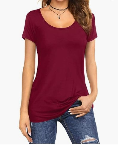 Camiseta de verano para mujer, sencilla, de color liso, con cuello redondo y manga corta.