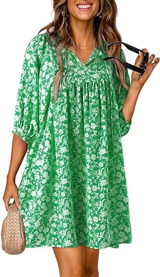 Women Fashion Casual Boho Floral Printed V-Neck Lantern Sleeve Dress