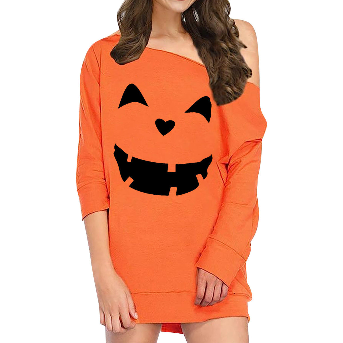 Vestido holgado de manga larga con estampado de calabaza y sonrisa de Halloween para mujer