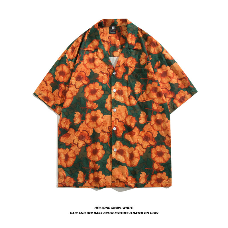Men Casual Vintage Hawaii Tiny Flower Print Shirt