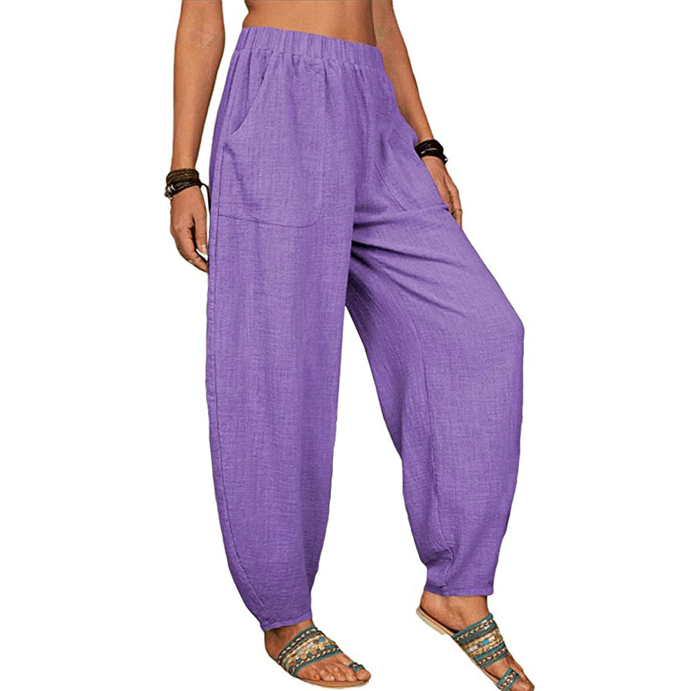 Pantalones harén de lino y algodón informales a la moda para mujer
