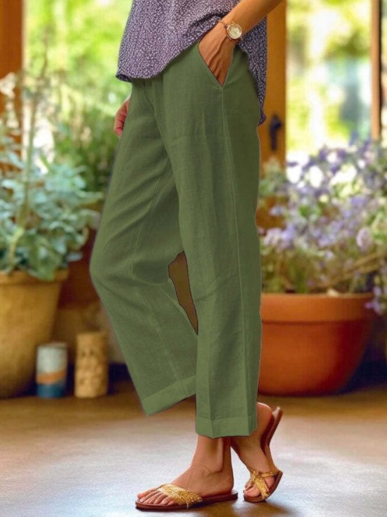 Pantalones casuales de lino y algodón de color liso a la moda para mujer
