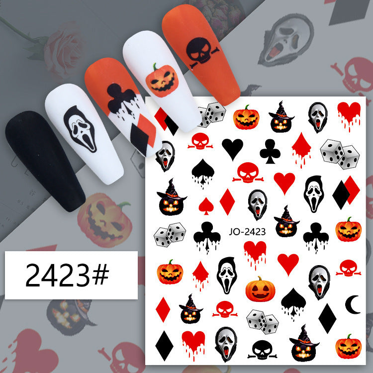 Autocollant pour ongles motif dessin animé d'Halloween, crâne, citrouille, chat noir, sorcière, gribouillage