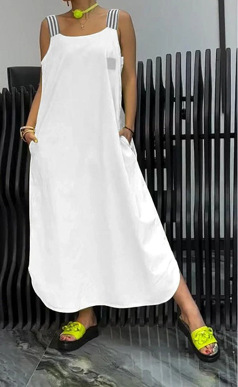Vestido informal de algodón y lino de color liso para mujer
