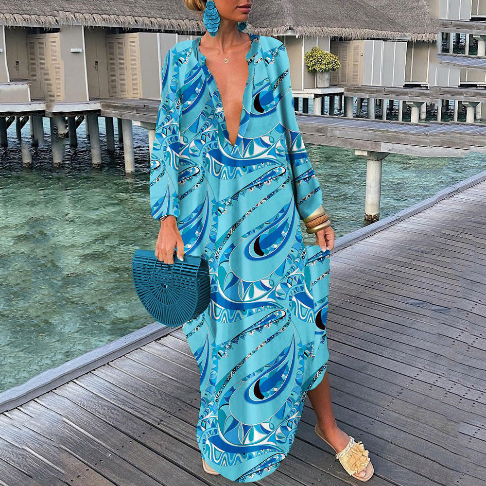 Robe bohème élégante vintage à manches longues et col en V pour femme