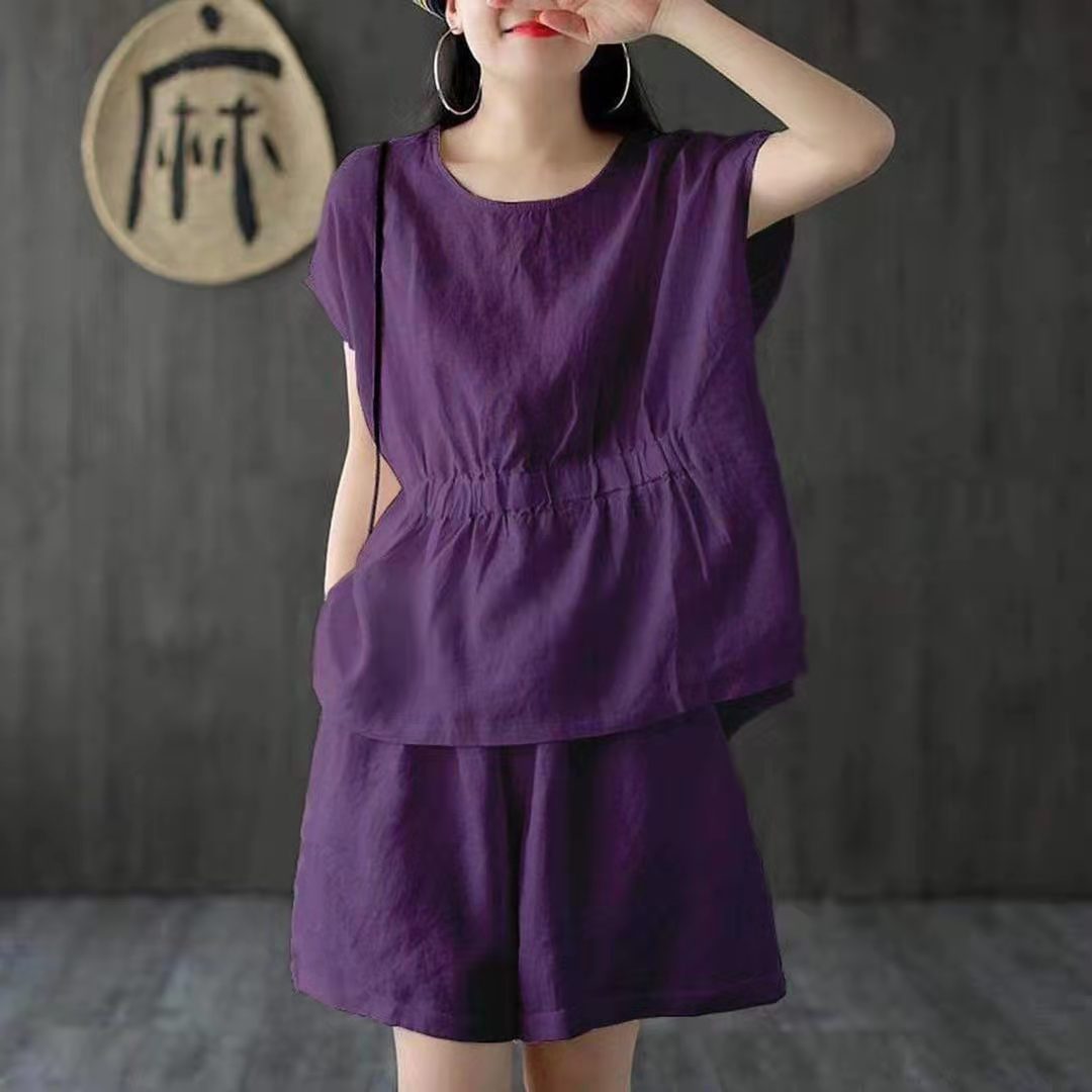 Women Fashion Casual Cotton Linen Two-Piece Set
